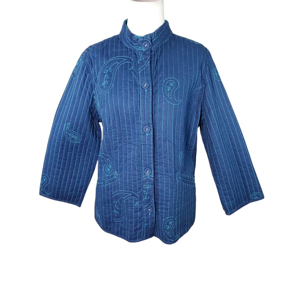 Chico's Sz 3 Quilted Jacket Blue Button Front 3/4 Sleeve High Neck Chicos XL 16
